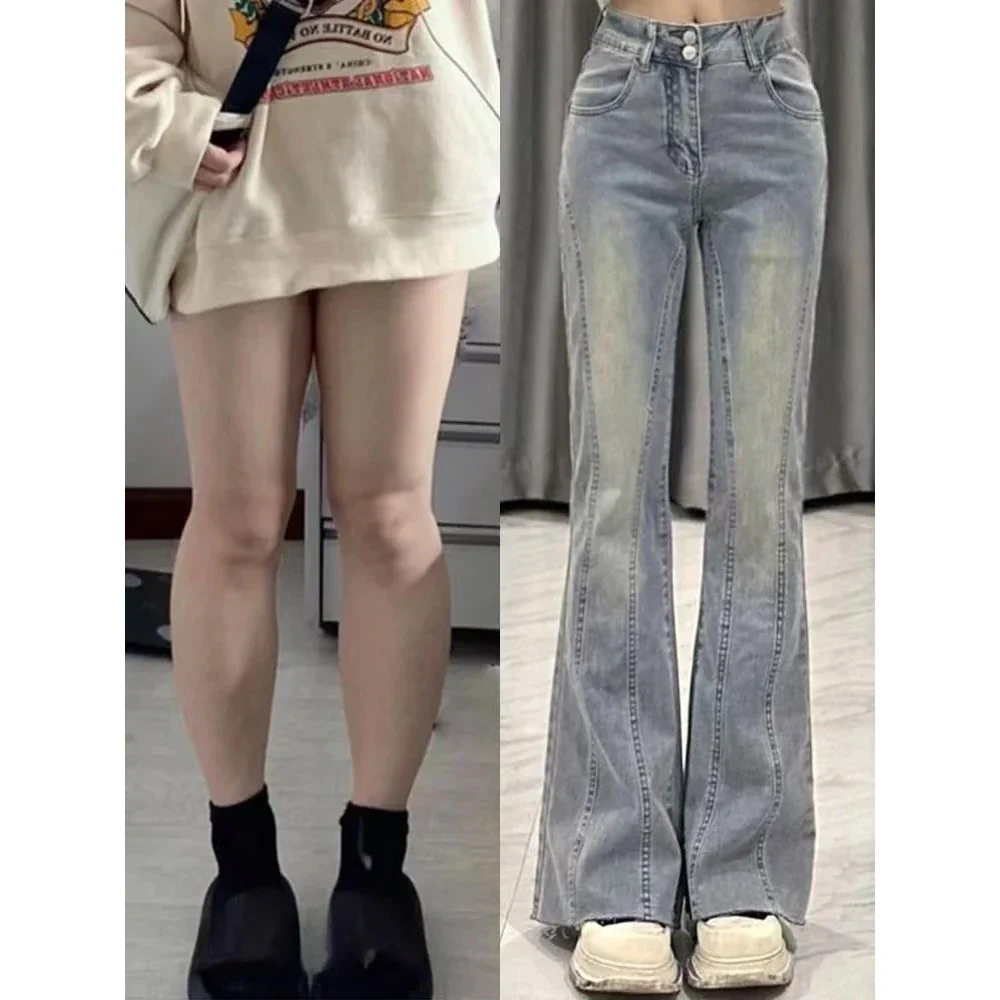 

Pop Retro Light Blue Micro Flare Jeans Women Korean Vintage Streetwear Slim Fit Lady Elastic Hight Waist Thin Baggy Denim Pants