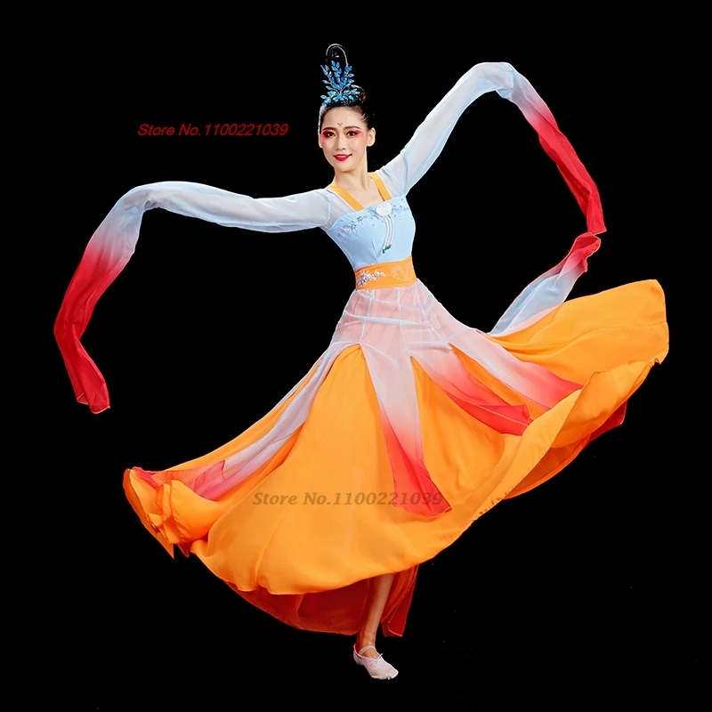 

2025 древнее китайское винтажное танцевальное платье, национальный градиент цвета, шифоновые топы ханьфу + юбка, фестиваль, народное платье, сценическое выступление