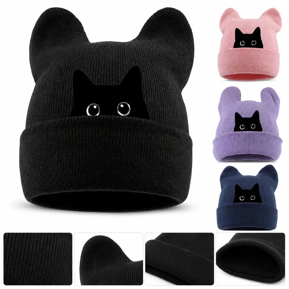 Casual Knit Cat Ear Beanie Hat Y2K Harajuku Stretchable Winter Knit Hat Punk Gothic Pullover Hat Casual Streetwear