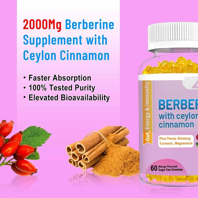 Berberine contains Ceylon cinnamon gummies, 2000mg high-efficiency Berlin HCI supplement, immune health, 60 gummies