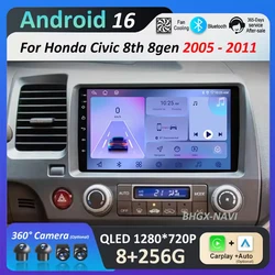 Wireless Carplay for Honda Civic 8th 8gen 2005 - 2011 Car Video Multimedia Player BT Android 16 WiFi Bluetooth QLED Touch Screen