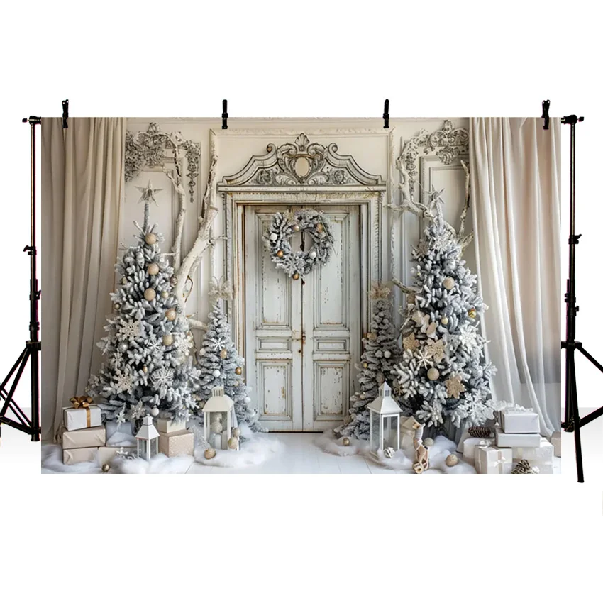 Mehofond Christmas Curtains Photography Backdrop Retro Door Family Holiday Party Xmas Trees Gifts Decor Background Photobooth