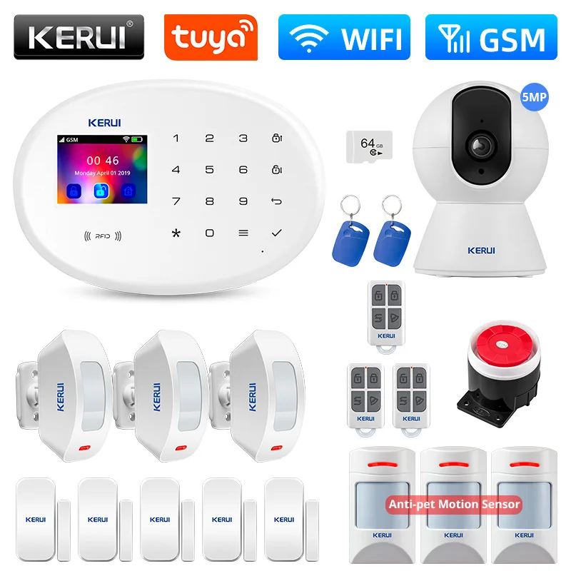 KERUI W202 투야 와이파이 GSM 경보 시스템, 스마트 홈 보안 경보 키트, RFID 앱 리모컨, 애완 동물 방지 모션 센서 감지기 포함 