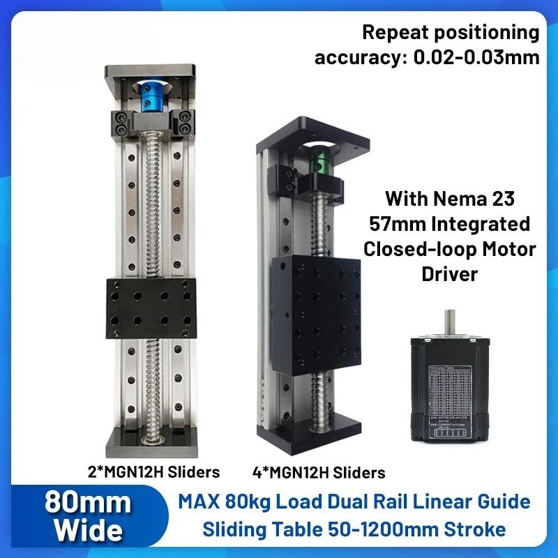 80mm Wide Linear Motor Kit CNC Sliding Ball Screw Linear Motion Table 1204/SFU1605/SFU1610 Aluminum Single Axis 80KG