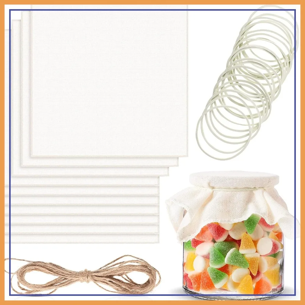 

20 Pack Unbleached Muslin Jar Covers with Rubber Bands and Jute Rope for Kombucha Fermentation, 8 Inch Square