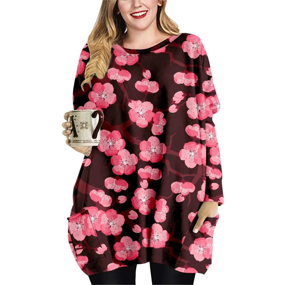 Kirschblüten Drucken Frühling Herbst Lose Beiläufige Stil Damen T-shirt Doppel Tasche Kleid Rundhals Langarm Kleid