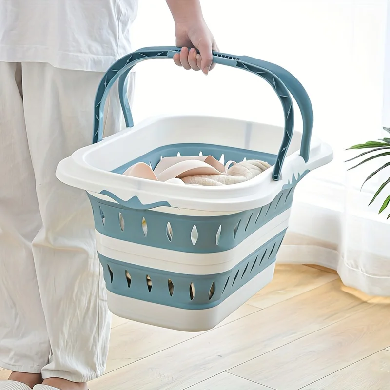 Collapsible Handled Laundry Basket Ellipse Oval Tub Portable Washing Tub Space Saving Laundry Containers Home Organizer Basket view 2