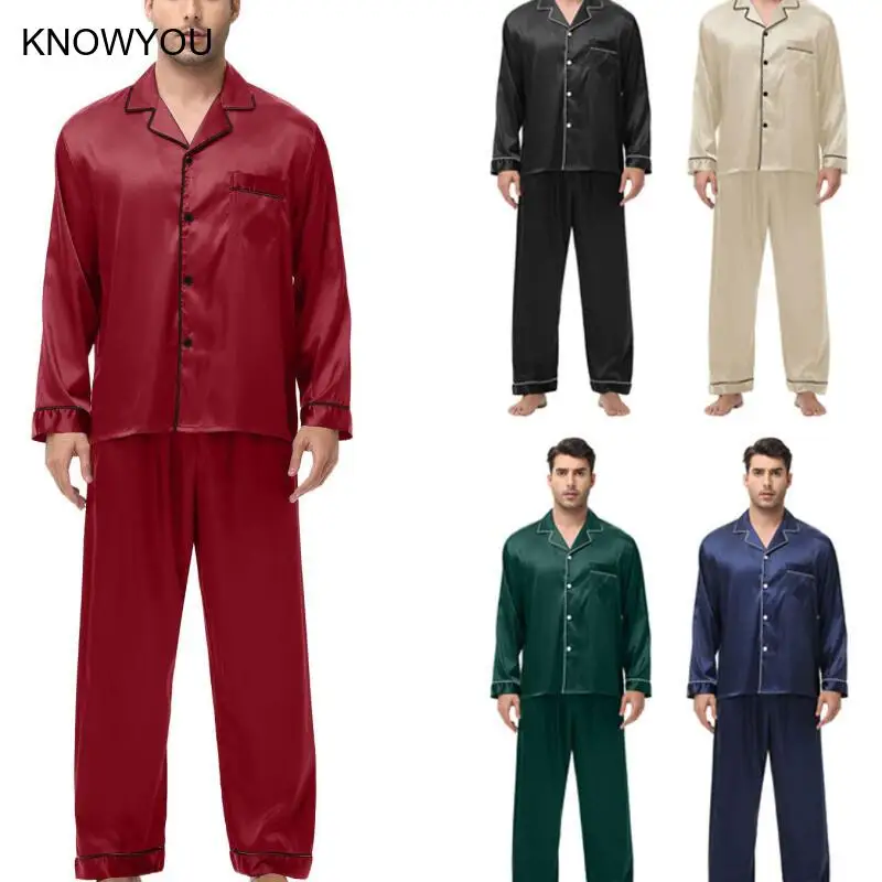 

Men Long Sleeve Sleepwear Lapel Shirt Pants 2Pcs Loungewear Male Satin Home Clothes Nightwear Loose 2Piece Suit Pajamas Suit