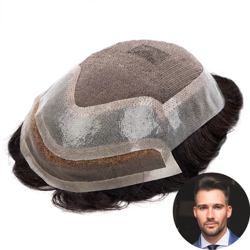 Imagen 2 del producto Peluca de cabello humano indio para hombres, tupé de encaje suizo frontal, sistema de encaje PU, prótesis masculina, pelucas de cabello humano, rayita Natural 130%