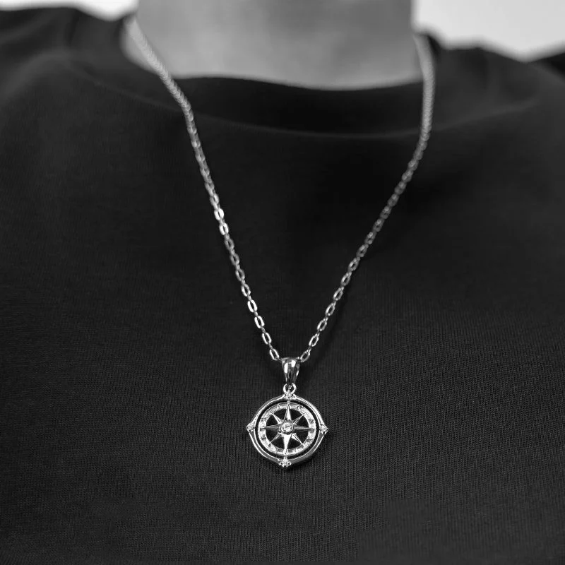 925 Sterling Silver Rotating Star Compass Pendant Unisex Trendy Streetwear Necklace Couple Matching Accessories Vintage Style