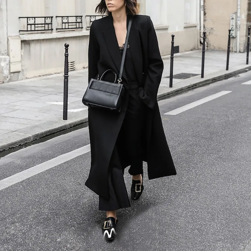 

High-End Women's Long Straight Slim-Fit Black Trench Coat Autumn Collection Fashionable Elegant Outerwear