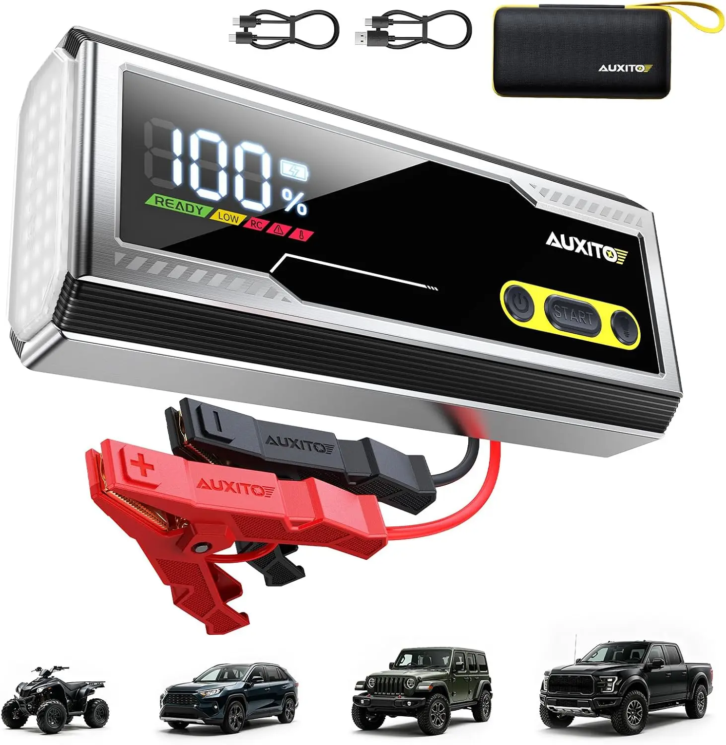 

9000A Jump Starter for All Gas/Diesel Engines, 30W Type-C Fast Charge, 168W DC Output, LED Display, 3-Mode Flashlight, Storage Case