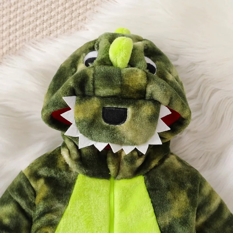 Newborn Baby Green Dinosaur Romper Hooded Bodysuit Cartoon Animal Costume Onesie Toddler Warm Plush Winter Jumpsuit Playsuit