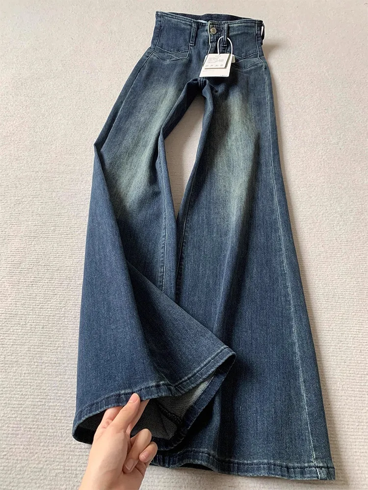 High Waist Wide Leg Jeans Women's Retro Blue Slimming Long Straight Cut Denim Pants High Waist Draping Floor Length Trousers