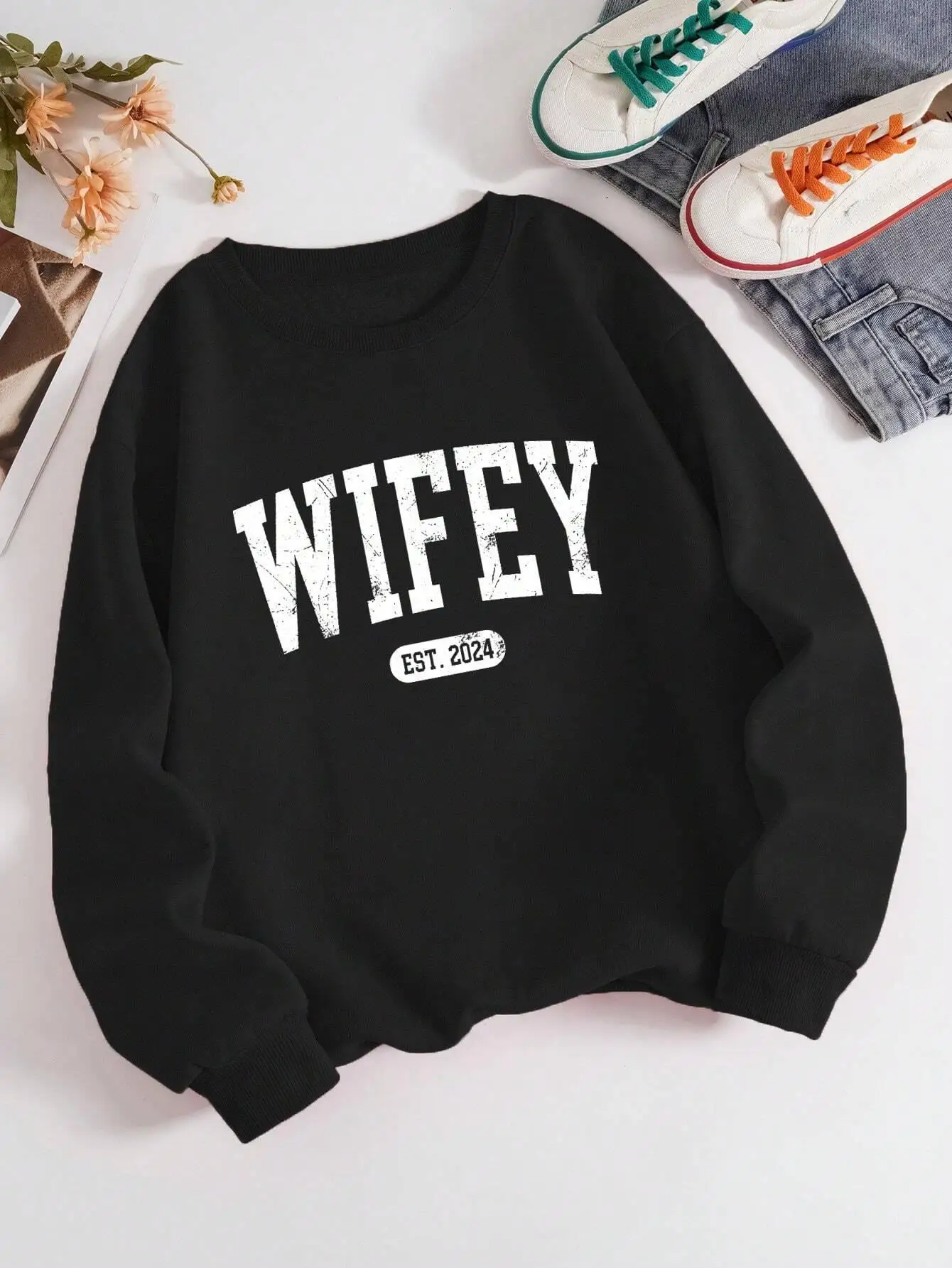 Street Casual Damen Pullover mit „Wifey“-Aufdruck, warmer, weicher Kapuzenpullover, lockerer Rundhals-Fleece-Pullover, Damenbekleidung – Detail 9