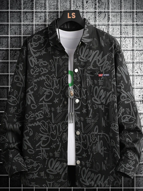 

Loose Long Sve Men's irt Faionable Printed Casual Sle Polyester Fabric Button up Regular Fit Spring Autumn Outerwear