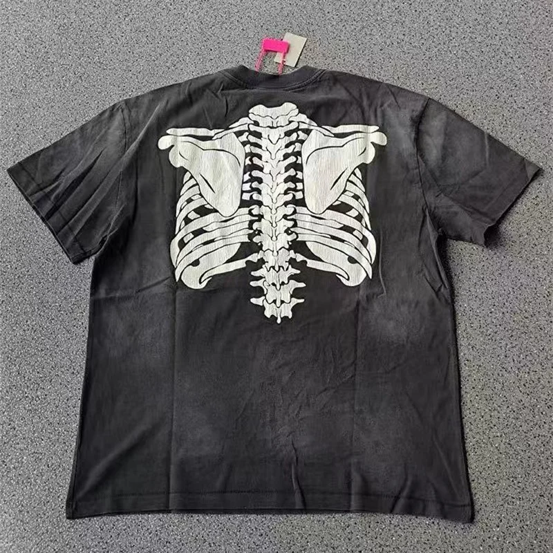 2025SS Cracked Pattern Printed Vintage Washed Black T-Shirt Saint Loose Hip Hop Tops Cotton T