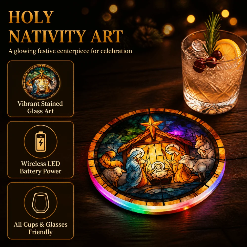 Round Acrylic LED Glowing Coaster Christian 2D Flat Religious Nativity Cup Pad Colorful Transparent Christmas Drink Pad