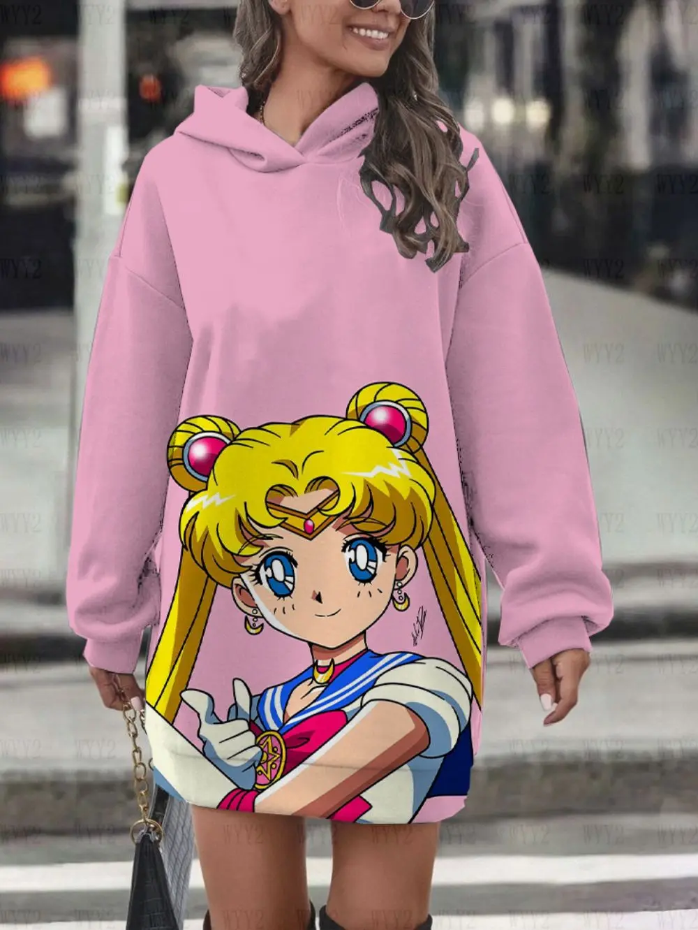 Cute sweet mid-length sweater dress Sailor Moon print casual age-reducing long sleeve Korean fashion hoodie dress