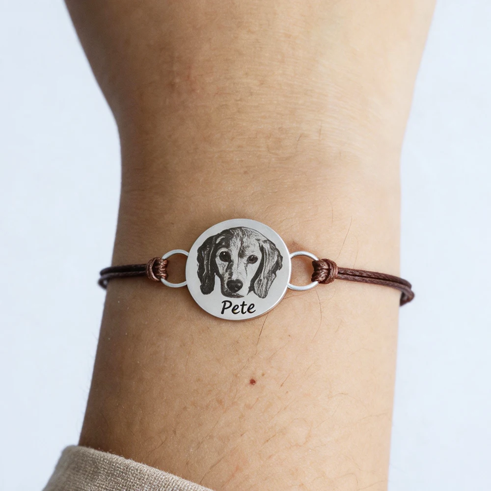 Custom Engrave Pet Portrait Round Bracelet Adjustable Personalized Cat Dog Picture Rope Bangle Lost Memorial Gift For Men Women