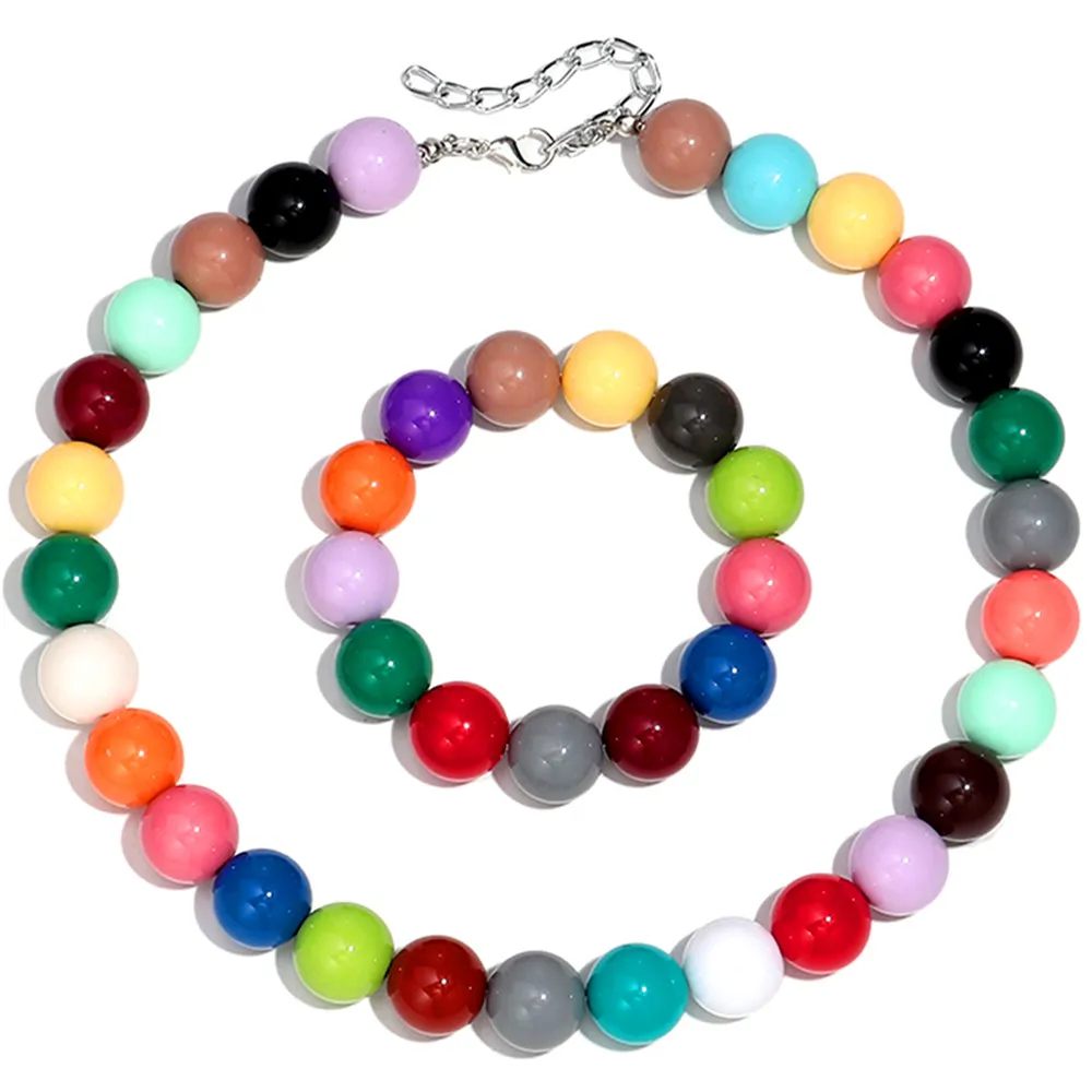 2 Teile/satz Boho Bunte Acryl Runde Perlen Halsband Halskette Armbänder Geometrische Harz Ball Perlen Party Schmuck Set für Frauen Neue – Detail 11