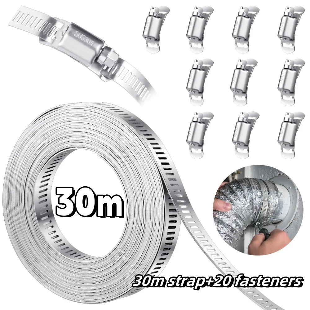 304 Stainless Steel Hose Clamp Assortment Kit DIY Cut-To-Fit 30M Metal Strap+20 Stronger Fasteners Large Adjustable Worm Gear