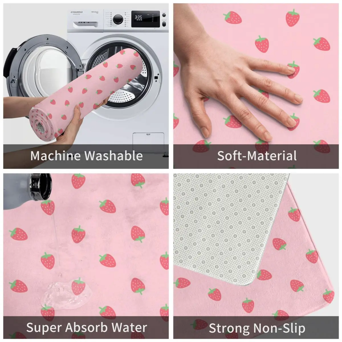 Strawberries Kawaii Cute Pastel Pink Floor Mat Kitchen Shower Door Fruit Bath Mat Quick Dry Bathroom Carpet Anti Slip Toilet Pad