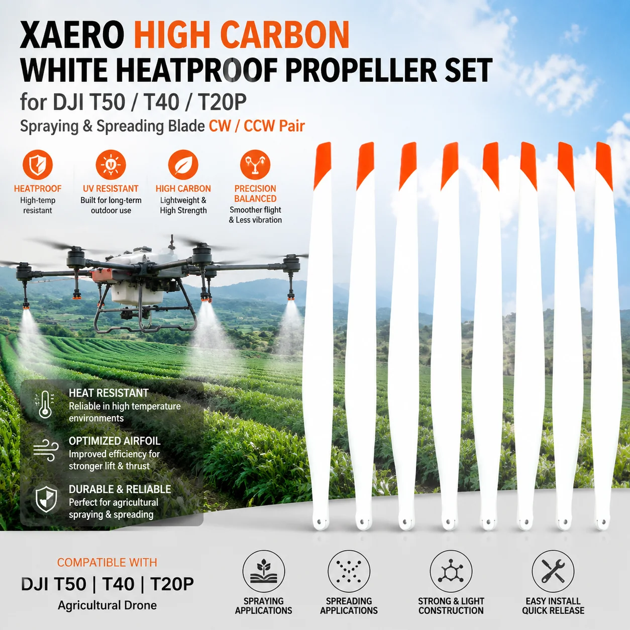 XAERO High Carbon White Heatproof Propeller Set for DJI T50 T40 T20P, UV Resistant Spraying & Spreading Blade CW CCW