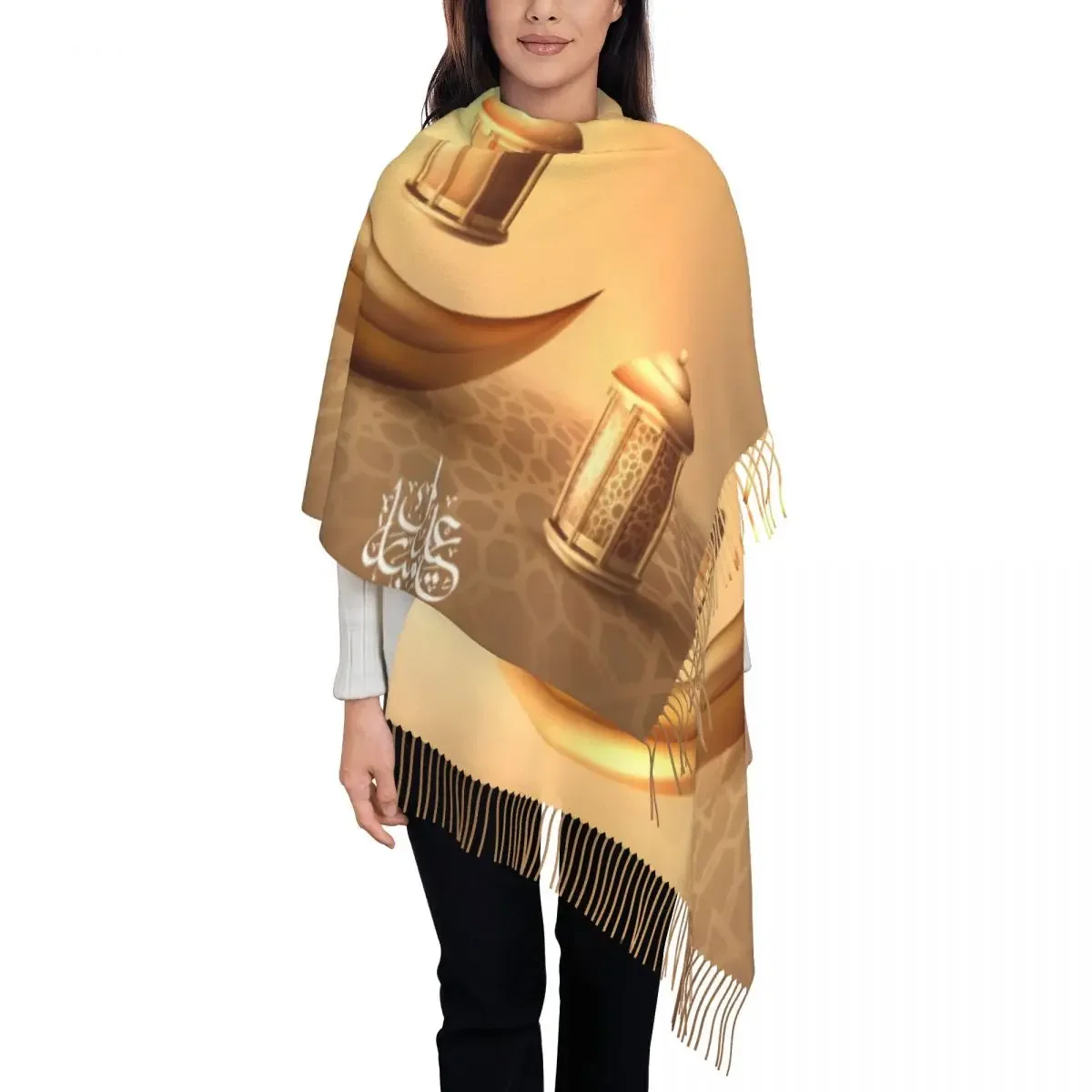 Ramadan Kareem Scarf Wrap for Women Long Winter Fall Warm Tassel Shawl Unisex Eid Mubarak Islamic Scarves