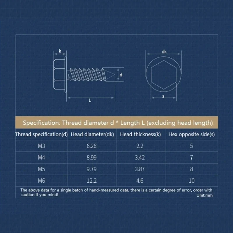 M3 M4 M5 M6 M8 M10 304 Stainless Steel Flat Surface Self-Tapping Phillips Cross Hexagonal Hex Flange Head Screws Length:6~100mm