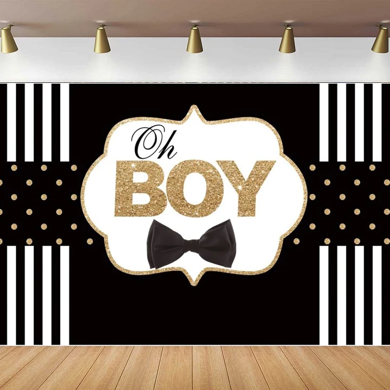 Baby Shower Photography Backdrop Oh Boy Black Bow Tie Gentleman Gold Glitter Dot Black And White Striped Background Photo Studio