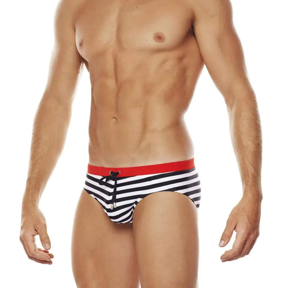 Sexy Mens Swimwear Nylon Quick Dry Striped Swimming Briefs Gay Low Waist Swimsuits Fashion Pouch Beach Pool Spa Bathing Panties