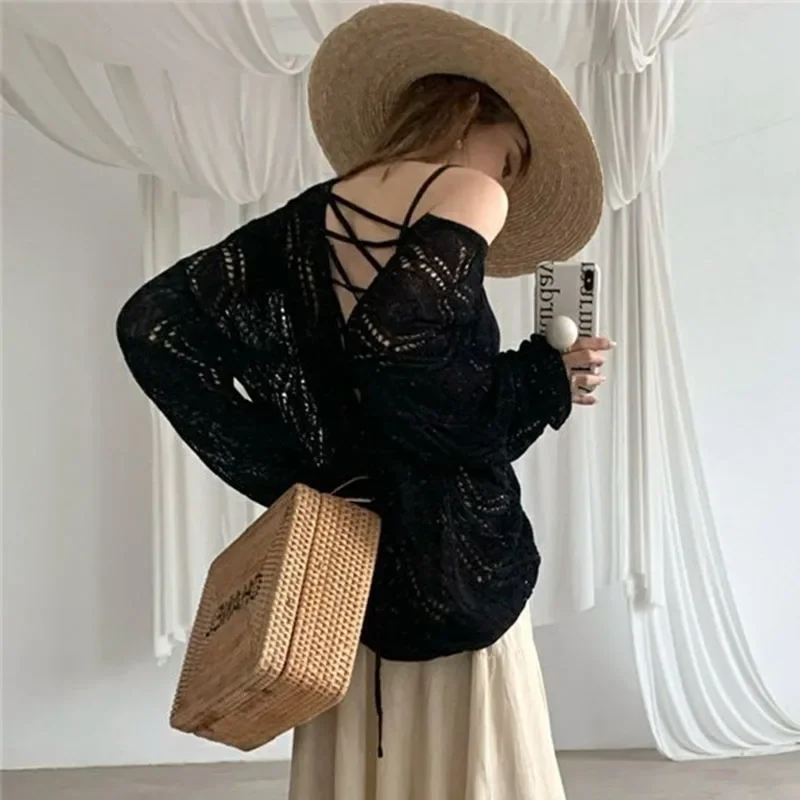

Casual Loose Knit Short Sleeve Lapel Top Trousers Set 2025 Women Summer Holiday Beachwear Two-piece Swimsuit Cover Up Outfit