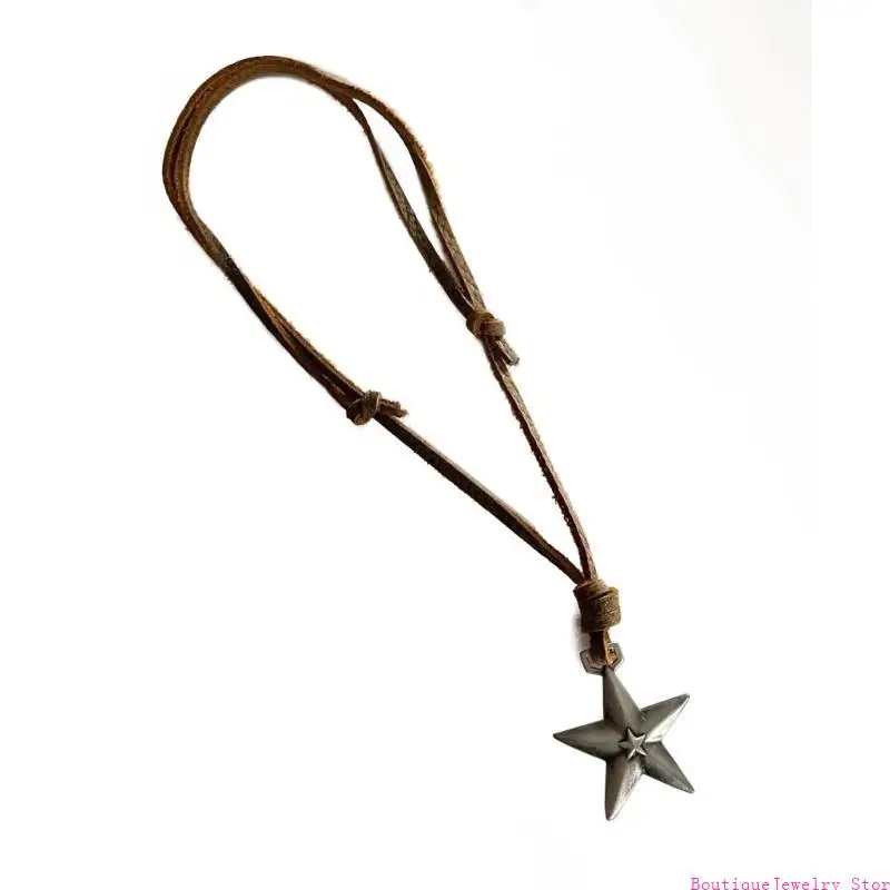 E1PE Punk Necklace Leather Alloy Silver Five-pointed Star Long Necklace Sweater Chain