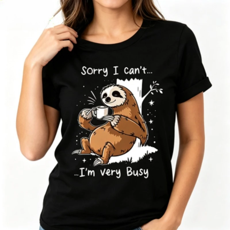 Women Cartoon Animal‑themed Cotton Tee Humorous Sloth Quote Art Print Soft‑fit Round Neck Casual Fashion Ladies Tops