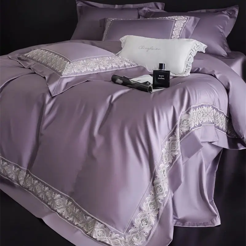 Luxury 1200TC Egyptian Cotton Hollow Lace Wide Edge Embroidery Bedding Set 1 Duvet Cover, 1 Flat/Fitted Bed Sheet, 2 Pillowcases