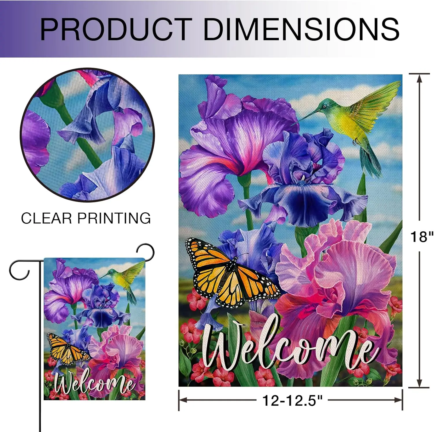 Hzppyz Welcome Spring Hummingbird Iris Garden Flag Double Sided, Purple Flower Bird Yellow Decorative House Yard Outdo