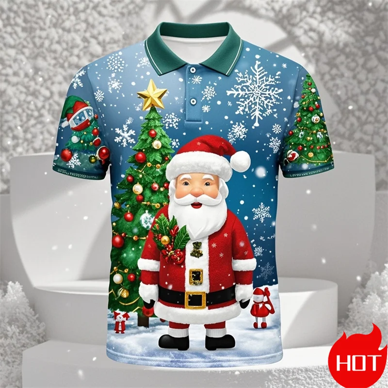 Funny 3D Cute Santa Claus Xmas Printed Polo Shirt For Men Happy Christmas Graphic Merry Christmas Graphic  Shirts & Blouses Polo