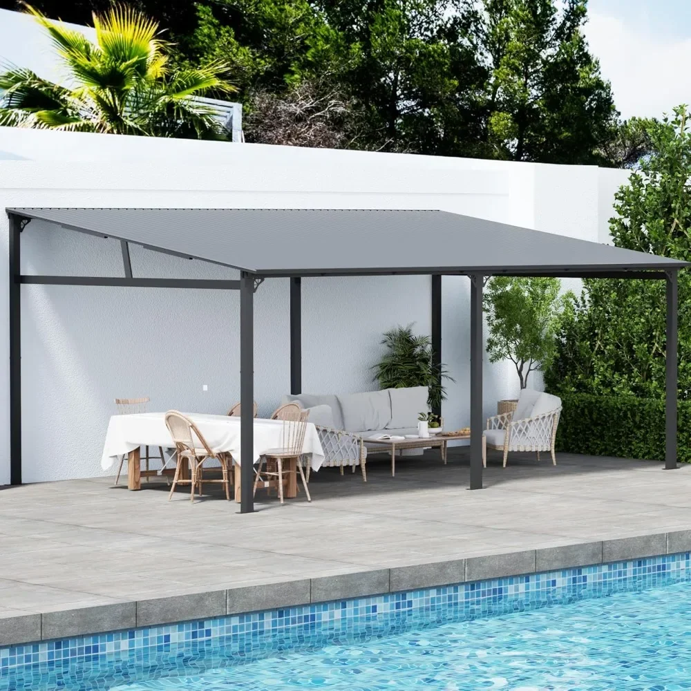 

20' x 12' Outdoor Hardtop Gazebo, Large Lean to Gazebos Pergola with Galvanized Steel Roof, Heavy Duty Wall Mounted Gazebo