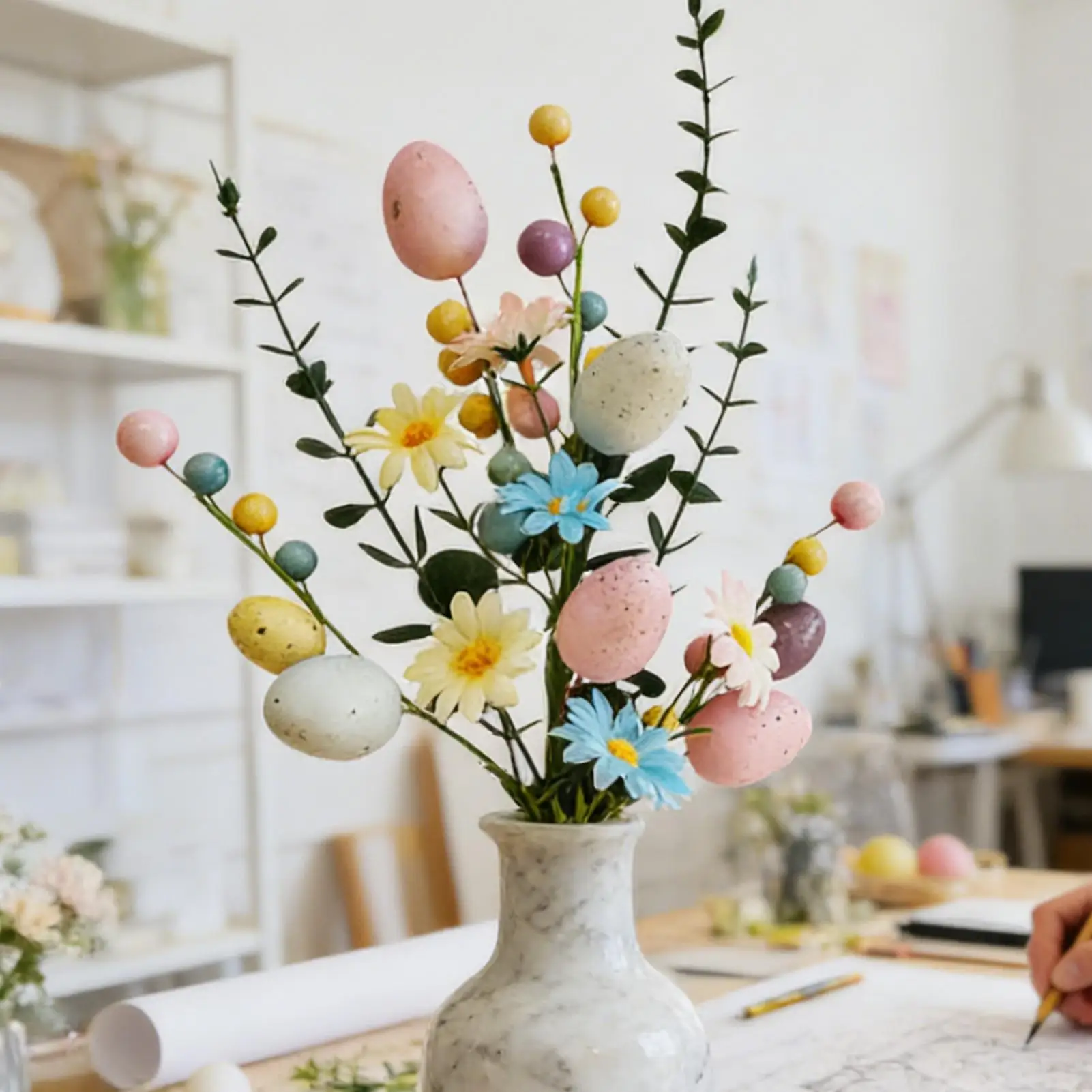 1 Stück Osterei-Blumenstiele Künstliche Gänseblümchen-Eukalyptus- und Beerenzweige für Vasen-Dekoration und Frühlings-Heimdekoration zu Ostern