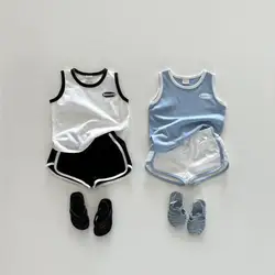 2024 Summer New Children Sleeveless Clothes Set Boys Girls Cotton Letter Vest + Shorts 2pcs Suit Kids Patchwork Casual Outfits