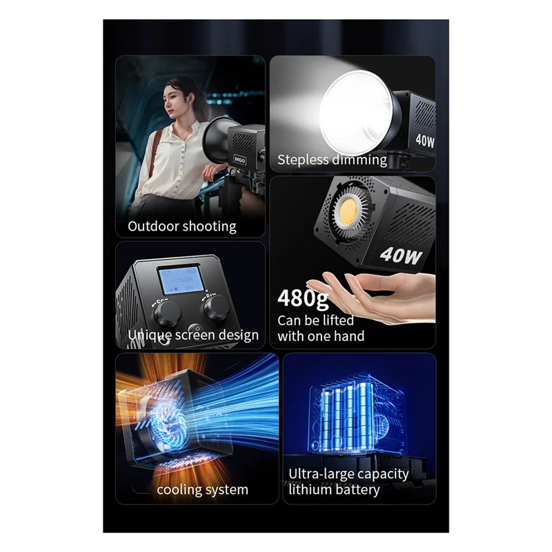 デイリーM60ハンドルフォトスタジオライトCOB二色CCT 2500-6500K CRI95以上 TLCI97以上 EUプラグ