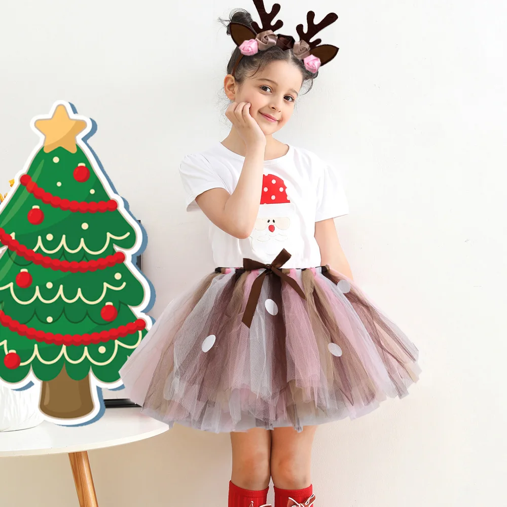 Fluffy Brown Deer Girl Tutu Skirt Christmas Costume Kids Reindeer Tulle Skirt for Halloween Carnival Children Outfit 1-14 Years