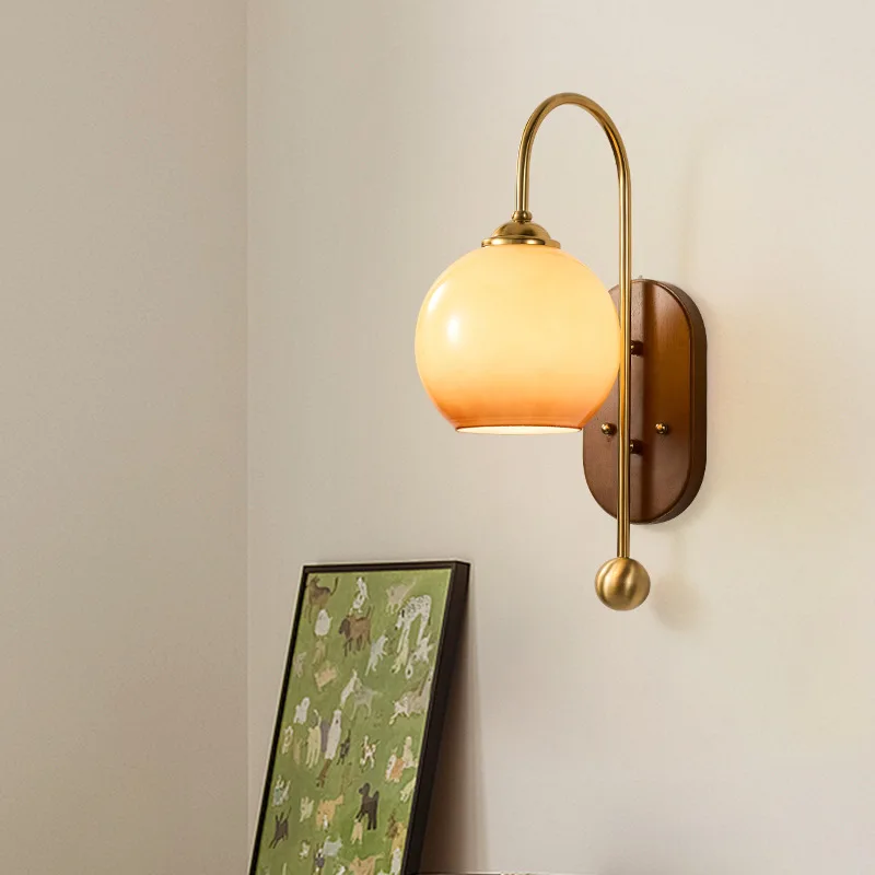 Japanese Minimalist Art Copper Wall Lamp Walnut Wood for Bedroom Bedside Background Homestay Creative Sconce Decor