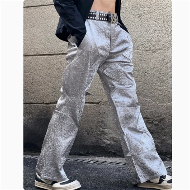 Autumn and winter high waist silver white pleated texture small design sense straight tube loose wide leg armor pants