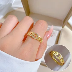 2024 Stainless Steel Luxury Zircon Chain Link Rings For Women's Adjustable Jewelry Finger Gold Plated No-Fading Birthday Gift