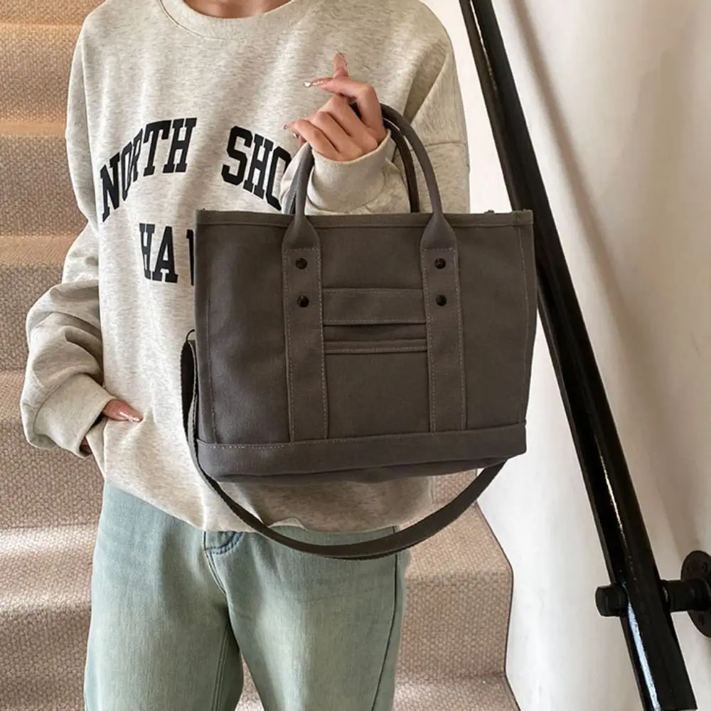 Multi-pocket Canvas Shoulder Bag Handbag Large Capacity Japanese Style Crossbody Bag Zipper All-match Solid color Tote Bag