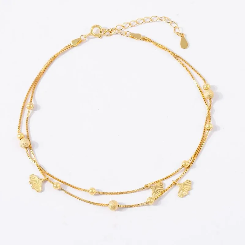 Gold Color Plated Anklets for Women Tassel Apricot Charm Foot Leg Chain Link Bracelet Beach Accessories Jewelry