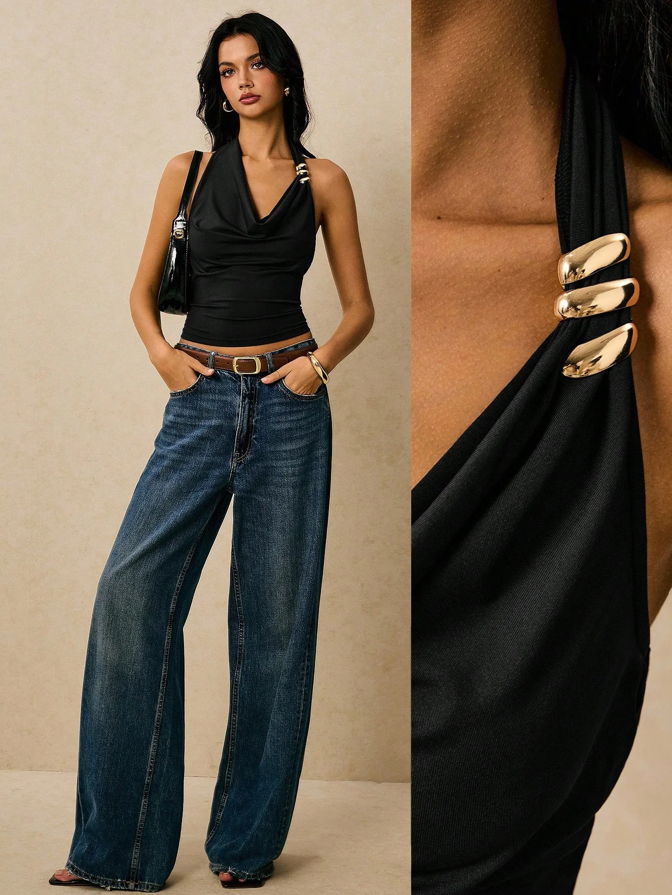 Damen Sommer Sexy Einfarbiges Modisches Top mit Metalldekoration und Rückenausschnitt, Kurzes Sommer-Oberteil