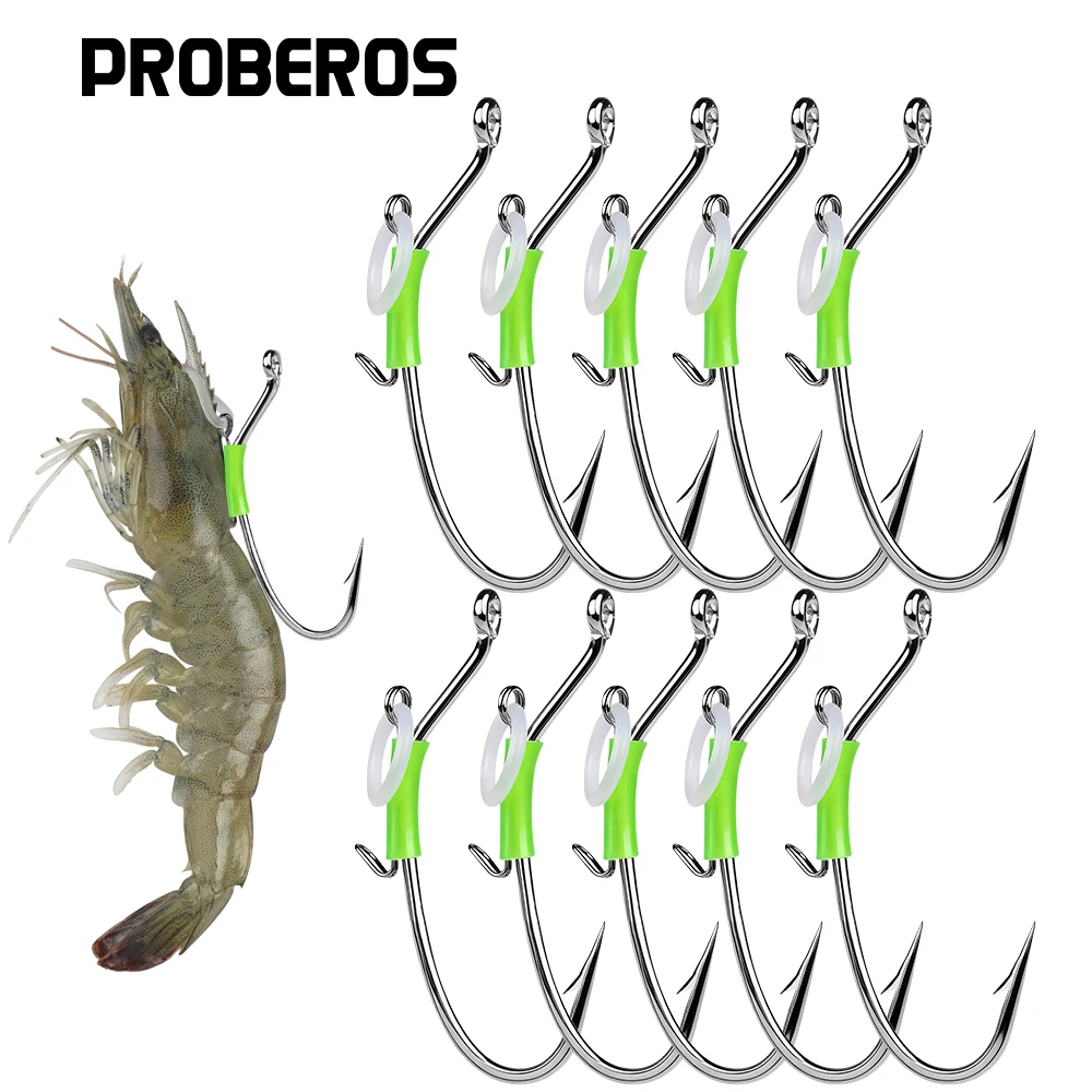 Proberos 10PCS Luminous Live Shrimp Hooks - High Carbon Steel Fishing Hooks for Freshwater Shrimp Walker